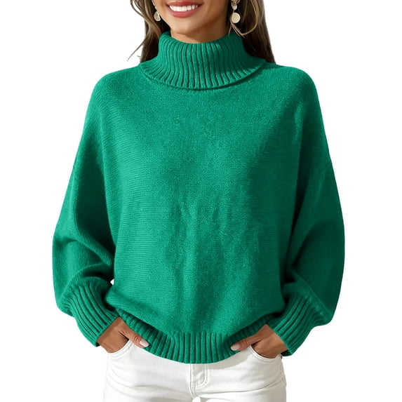 Women's Casual and Fashionable High Neck Long Sleeve Knitted Solid Color Top Sweater for Elegant and Comfortable Styles,Green,L