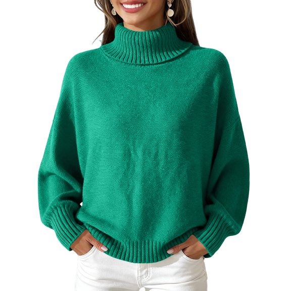 Women's Casual and Fashionable High Neck Long Sleeve Knitted Solid Color Top Sweater for Elegant and Comfortable Styles,Green,L
