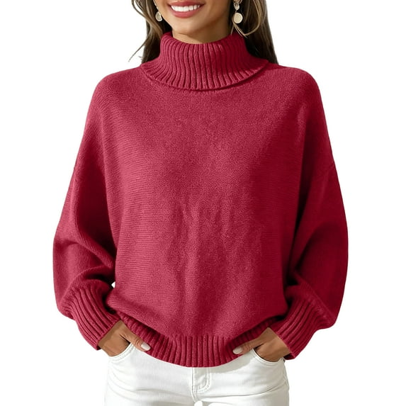 Women's Casual and Fashionable High Neck Long Sleeve Knitted Solid Color Top Sweater for Elegant and Comfortable Styles,Red,S