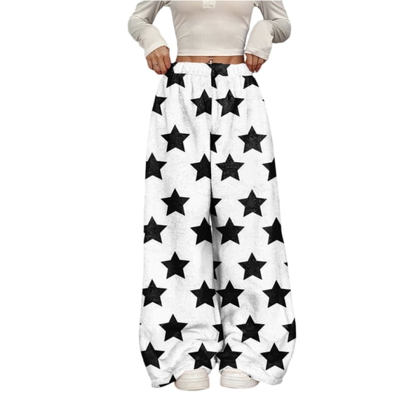 Women's Casual and Fashionable Printed Elastic Waist Loose Wide Leg Pants with Plush Lining for Winter and Lounge Wear,White,L