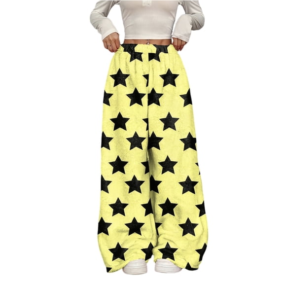 Women's Casual and Fashionable Printed Elastic Waist Loose Wide Leg Pants with Plush Lining for Winter and Lounge Wear,Yellow,L