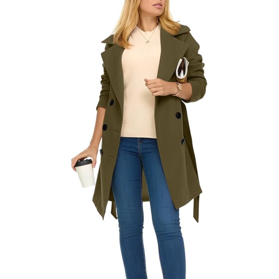 Women's Casual and Stylish Solid Color Loose Double-Breasted Long Trench Coat, Lapel Collar with Lining for Elegant Fall and Winter Outerwear,Green,M