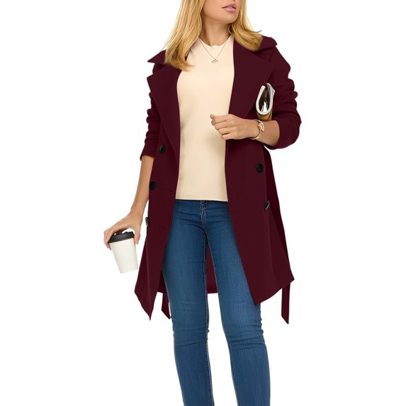 Women's Casual and Stylish Solid Color Loose Double-Breasted Long Trench Coat, Lapel Collar with Lining for Elegant Fall and Winter Outerwear,Wine,S