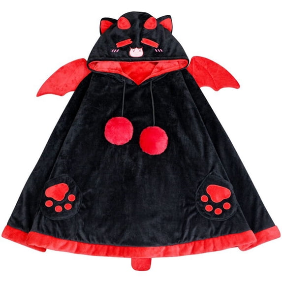 Women's Cat Bat Blanket Hoodie Cozy Fleece Wearable Wrap Cape with Animal Face and Red Wing Details Design