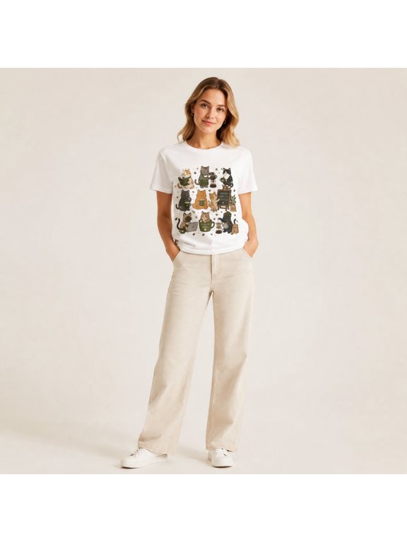 Women's Cat Cafe Coffee Graphic T-Shirt, White Short Sleeve Crew Neck Tee for Summer Casual Wear