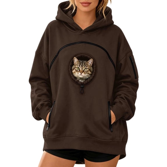 Women's Cat Carrier Hoodie Oversized Long Sleeve Drawstring Pullover Sweatshirt with Pet Holding Pouch for Pet Lovers, 3XL