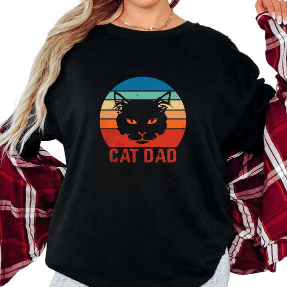Women's Cat Dad Retro Sunset Cat Head Silhouette Graphic T Shirt Cool Cat Lover Gift Idea Short Sleeve Round Neck Top Black S-5XL