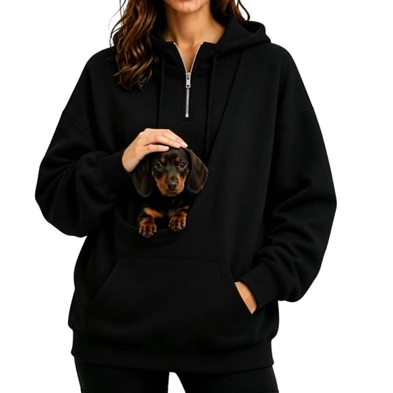 Women's Cat Dog Pet Pouch Hoodie, Quarter Zip Pullover Sweatshirt with Kangaroo Pocket and Long Sleeves