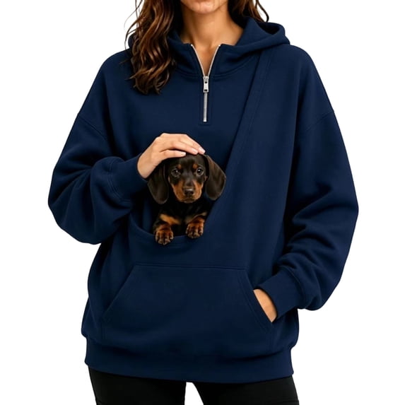 Women's Cat Dog Pet Pouch Hoodie, Quarter Zip Pullover Sweatshirt with Kangaroo Pocket and Long Sleeves