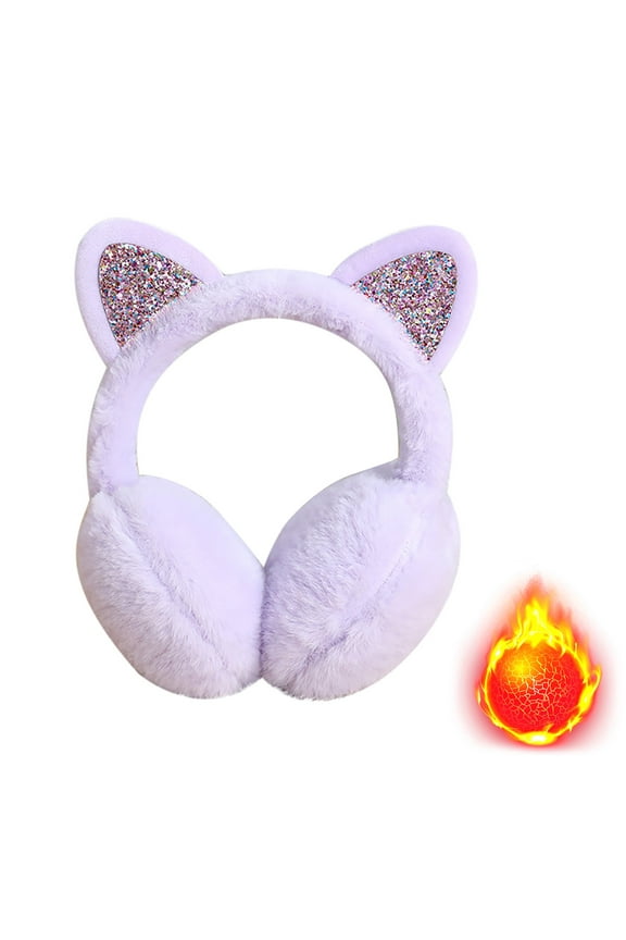 Women's Cat Ear Earmuffs, Winter Warm Plush Ear Muffs with Sparkly Bow, Cozy Fleece Lined Ear Warmers for Cold Weather, Daily Wear, and Gift - Purple