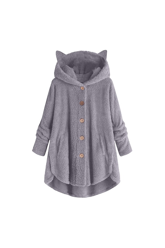 Women’s Cat Ear Hooded Sherpa Jacket Fleece Teddy Bear Coat Fluffy Fuzzy Long Sleeve Pullover Sweater Warm Fall Winter Plush Outerwear,Gray,XXL