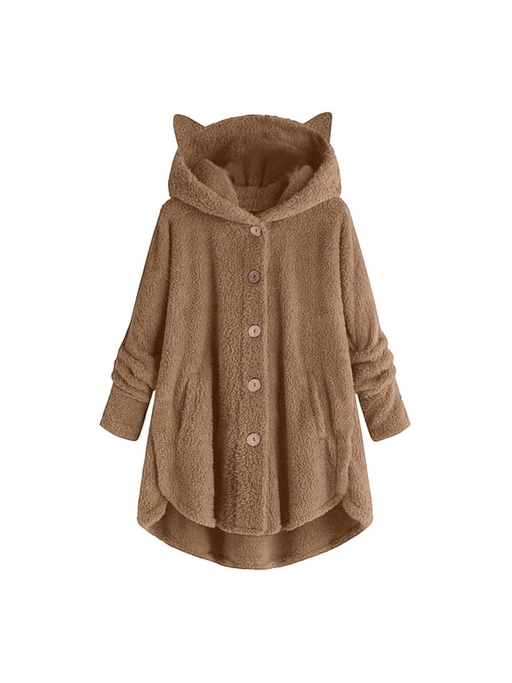 Women’s Cat Ear Hooded Sherpa Jacket Fleece Teddy Bear Coat Fluffy Fuzzy Long Sleeve Pullover Sweater Warm Fall Winter Plush Outerwear,Khaki,XL
