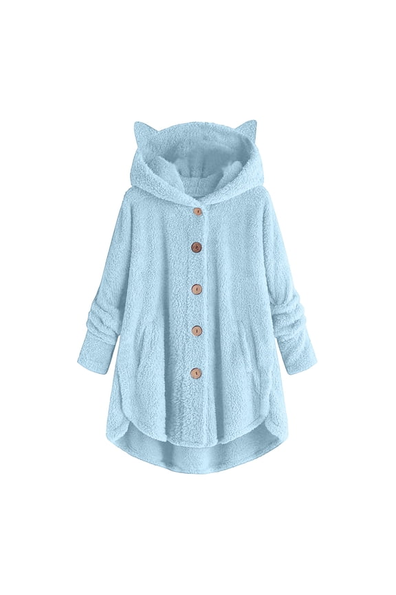 Women’s Cat Ear Hooded Sherpa Jacket Fleece Teddy Bear Coat Fluffy Fuzzy Long Sleeve Pullover Sweater Warm Fall Winter Plush Outerwear,Light Blue,XL