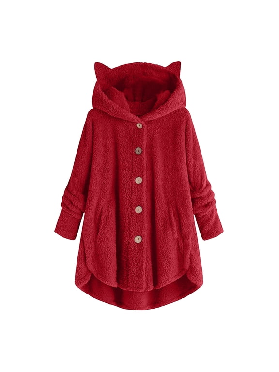 Women’s Cat Ear Hooded Sherpa Jacket Fleece Teddy Bear Coat Fluffy Fuzzy Long Sleeve Pullover Sweater Warm Fall Winter Plush Outerwear,Red,M