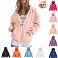 thumbnail image 1 of Women's Cat Ear Hooded Zip-Up Jacket, Casual Solid Color Full-Zip Long Sleeve Sweatshirt With Pockets, Loose Fit Outerwear, 1 of 8