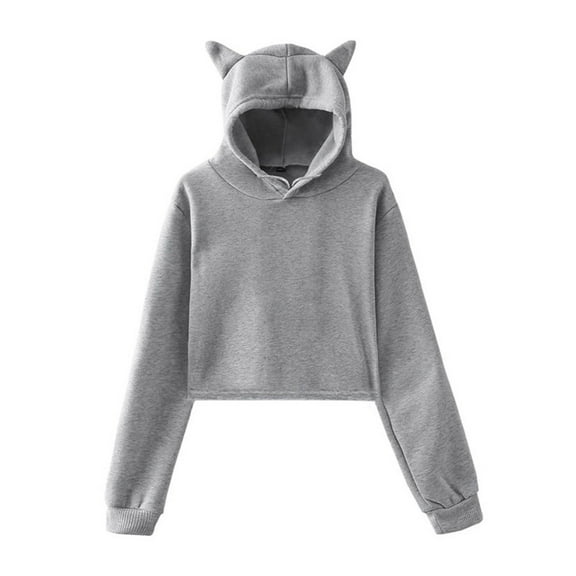 Women's Cat Ears Hoodies Cropped Hooded Sweatshirt Casual Plus Fleece Solid Long Sleeves Pullover Top Personality Sweatshirts Drawstring Hooded Cute Outfit