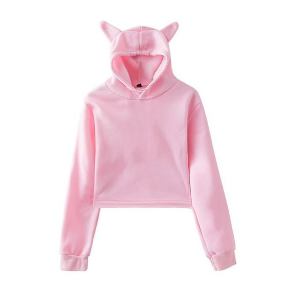 Women's Cat Ears Hoodies Cropped Hooded Sweatshirt Casual Plus Fleece Solid Long Sleeves Pullover Top Personality Sweatshirts Drawstring Hooded Cute Outfit