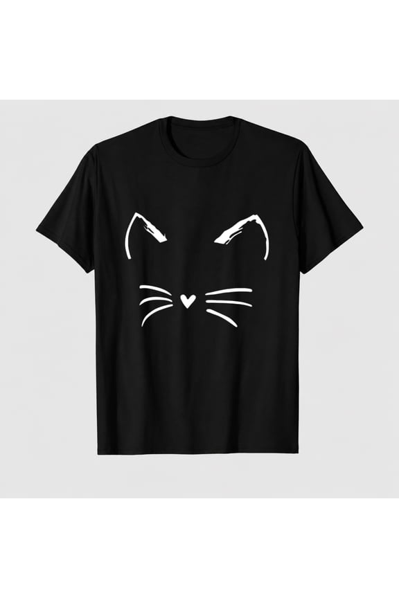 Women's Cat Face Graphic Crew-Neck T-Shirt Cap Sleeve Tops