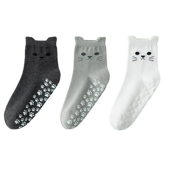 Women's Cat Face Grip Socks with Paw Print Anti-Slip Sole Soft Knit Ankle Socks for Home or Yoga 3-Pack - One Size Fits Most, Multicolor 2