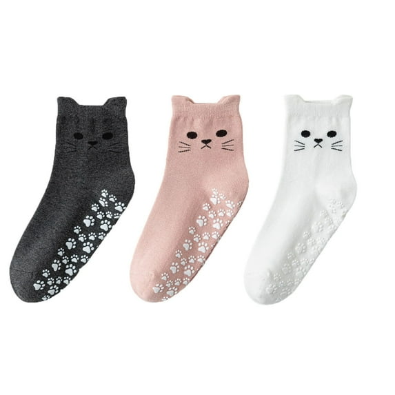 Women's Cat Face Grip Socks with Paw Print Anti-Slip Sole Soft Knit Ankle Socks for Home or Yoga 3-Pack - One Size Fits Most, Multicolor 3