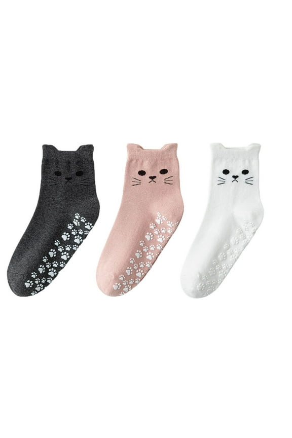 Women's Cat Face Grip Socks with Paw Print Anti-Slip Sole Soft Knit Ankle Socks for Home or Yoga 3-Pack - One Size Fits Most, Multicolor 3