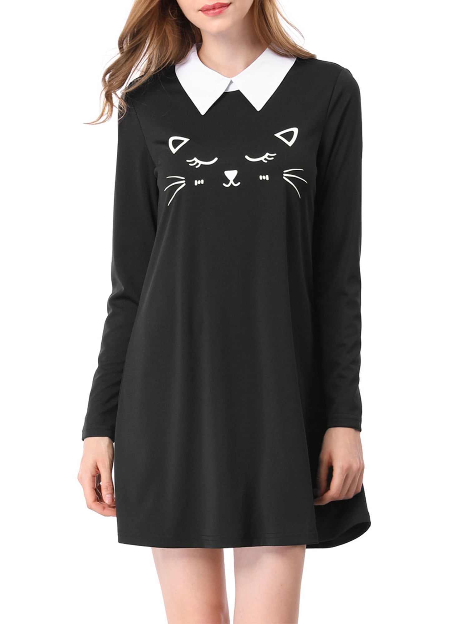 Unique Bargains Women's Cat Face Print Contrast Collar Flare Hem Dress