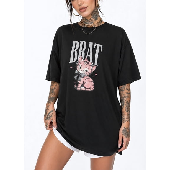 Women's Cat Graphic T-Shirt Oversized Fit Short Sleeve Crew Neck Casual Tee