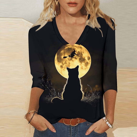 Women's Cat Graphic Tops V-Neck 3/4 Sleeve Blouses Witch Moon Print Fall Shirts Casual Lightweight Tees Comfortable Halloween Party Pullovers Holiday