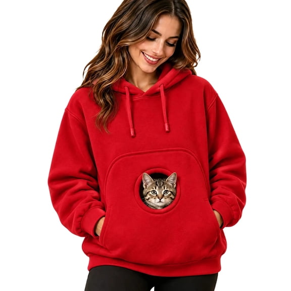 Women's Cat Hoodie with Pouch Pet Pocket Pullover Hoodie Sweaters, Cat Hole Hooded Sweatshirt for Small Cats Dogs Fall Winter Going Out L