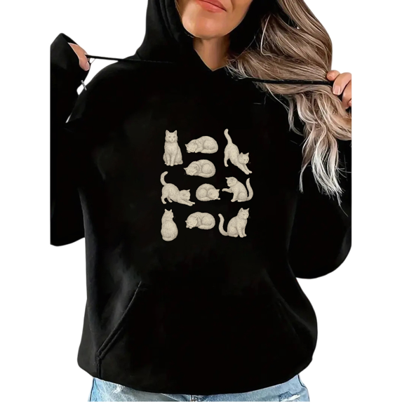 Women's Cat Pattern Grid Graphic Comfortable Hoodie Top Casual Breathable Hooded long-sleeved Black S-2XL