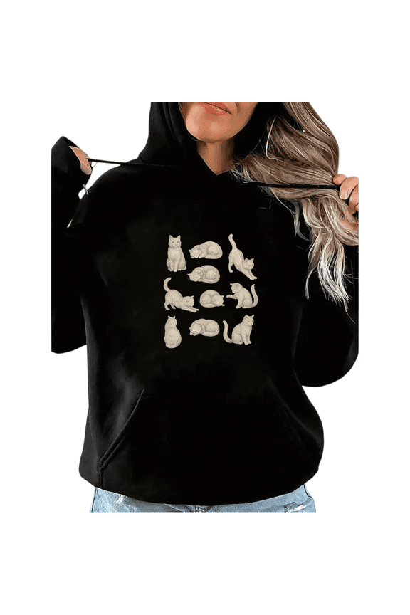 Women's Cat Pattern Grid Graphic Comfortable Hoodie Top Casual Breathable Hooded long-sleeved Black S-2XL