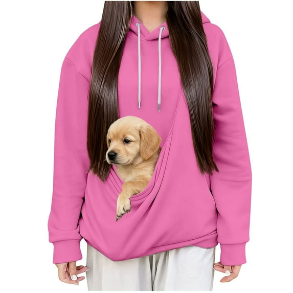 Women's Cat Pouch Hoodie with Kargo Pocket Dog Pouch Sweatshirts Long Sleeve Pet Carrier Pullover Animal Holder Tops (2XL, Hot Pink)