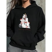 Womens Cat Print Hoodie, Autumn Winter Hooded Sweatshirt