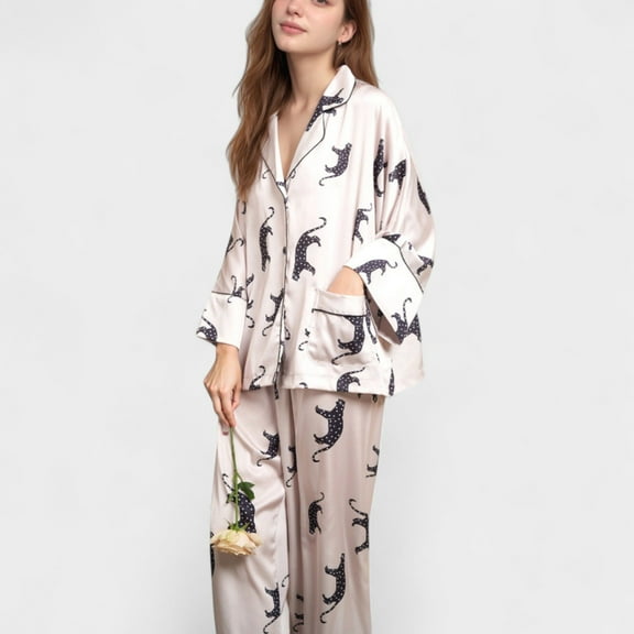 Women's Cat Print Satin Pajama Set Long Sleeve Button-Up Top with Elastic Waist Full-Length Pants - Large, Gray