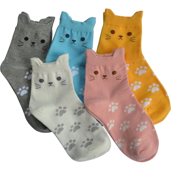 Jeasona Women's Cat Paw & Face Socks, 80% Cotton Blend, Fits Shoe Sizes 5-8, Cat, Dog & Owl-Themed Gifts