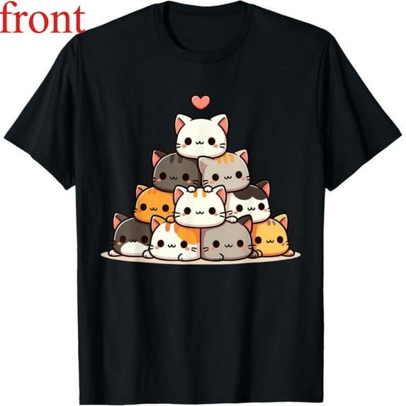 Women's Cat Stack Graphic Comfortable T Shirt Casual Breathable Short Sleeve Round Neck Top Black S-5XL