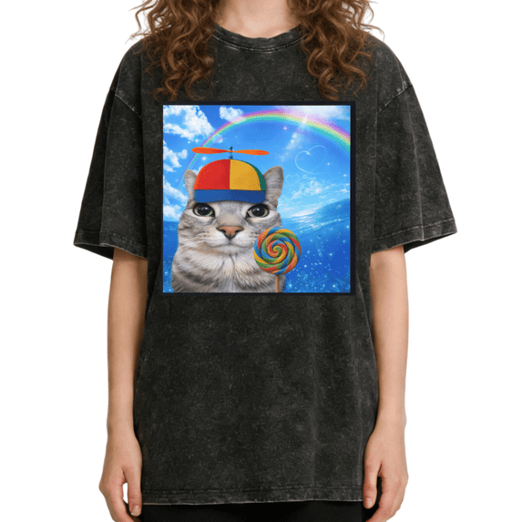 Women's Cat With Propeller Hat Rainbow Lollipop Meme Aesthetic Graphic Washed T Shirt Black S-2XL Plus Size