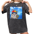 thumbnail image 1 of Women's Cat With Propeller Hat Rainbow Lollipop Meme Aesthetic Graphic Washed T Shirt Black S-2XL Plus Size, 1 of 5