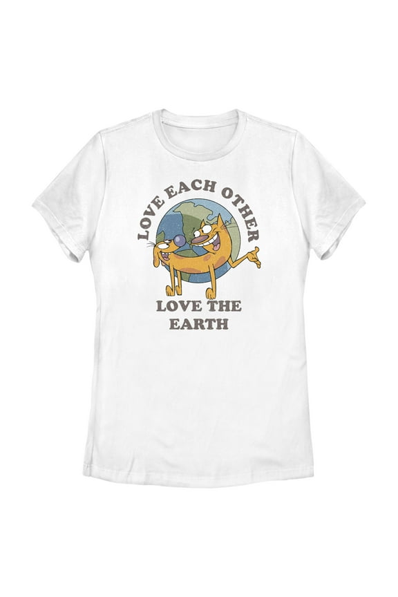 Women's Catdog Love the Earth Graphic Tee White 2X Large