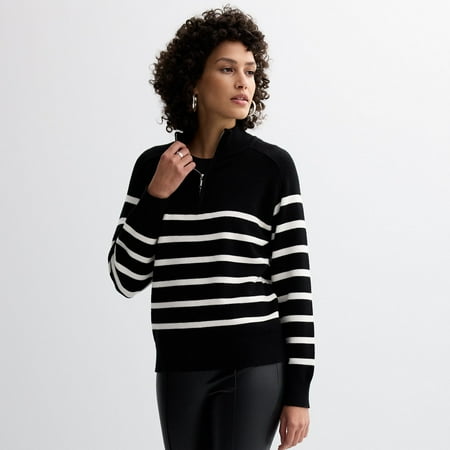 Women's Catherine Malandrino 1/4-Zip Striped Sweater Color: Black White Stripe Size: LARGE