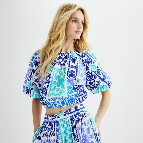 Women's Catherine Malandrino Batik Print Puff Sleeve Cropped Blouse Color: Blue Tile Size: MEDIUM