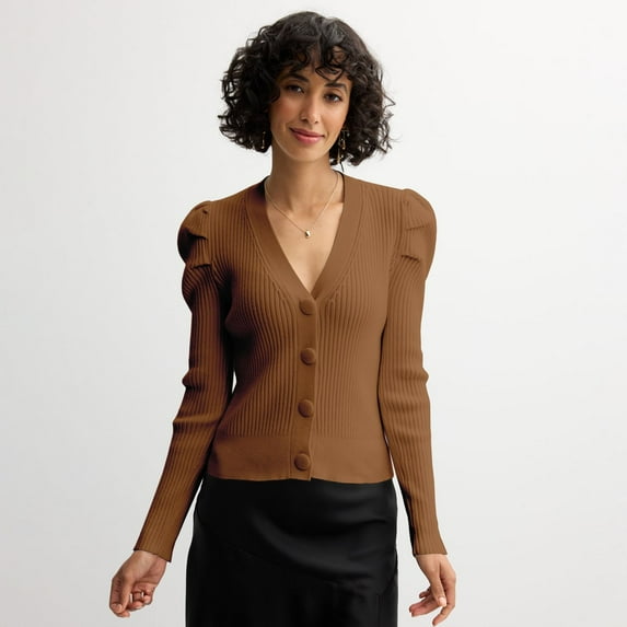 Women's Catherine Malandrino Button Front Ribbed Cardigan Sweater Color: Cognac Size: LARGE
