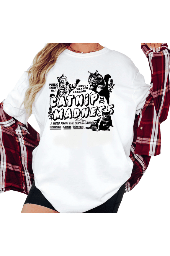Women's "Catnip Madness" Vintage Punk Cat Graphic T Shirt Funny Cat Lover Retro Rockabilly Short Sleeve Round Neck Top White S-5XL