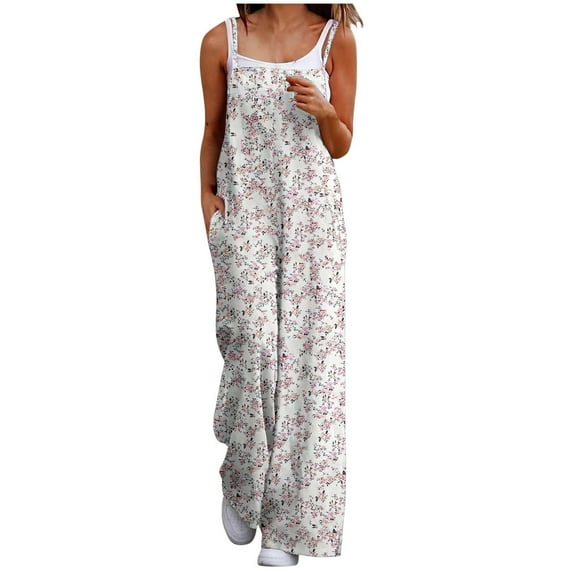 Women's Causal Jumpsuits Loose Fit Sleeveless Overalls Fashion Floral Print Adjustable Strap Rompers with Pockets