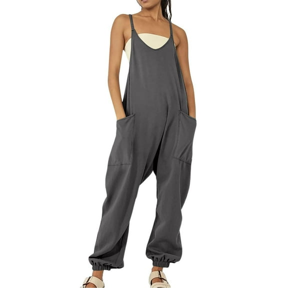 Women's Causal Jumpsuits V Neck Sleeveless Overalls Summer Adjustable Strap Pants Romper with Pockets Summer Jumpsuits for Women Casual Gray S