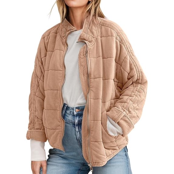 Women's Causal Lightweight Quilted Jackets Long Sleeve Oversized Warm Winter Zip Up Coat with Pockets