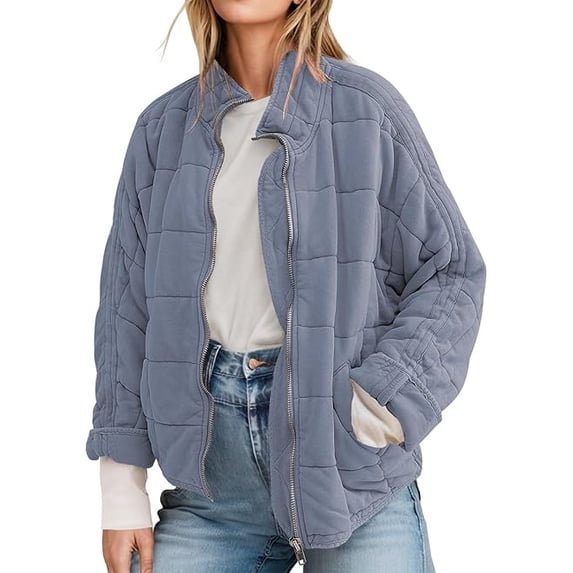 Women's Causal Lightweight Quilted Jackets Long Sleeve Oversized Warm Winter Zip Up Coat with Pockets