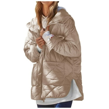 Women's Causal Quilted Jacket Lightweight Stand Collar Long Sleeve Zip Up Side Split Warm Winter Coats with Pockets