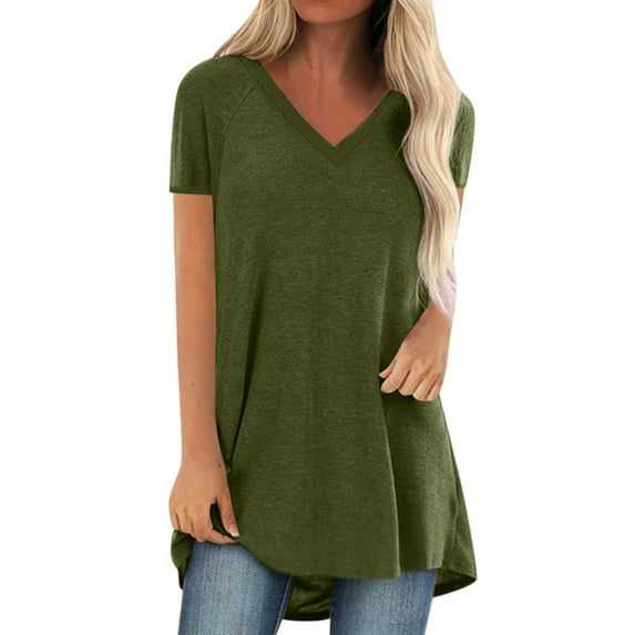 Women's Causal Short Sleeve Solid Color Basic T Shirt Plus Size Tops Casual V Neck Tunic Loose Blouse