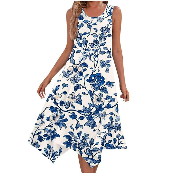 ZQUUVOU Women's Causual Dresses Sleeveless Round Neck Drawstring Ruffle A-Line Mini Dress Blue